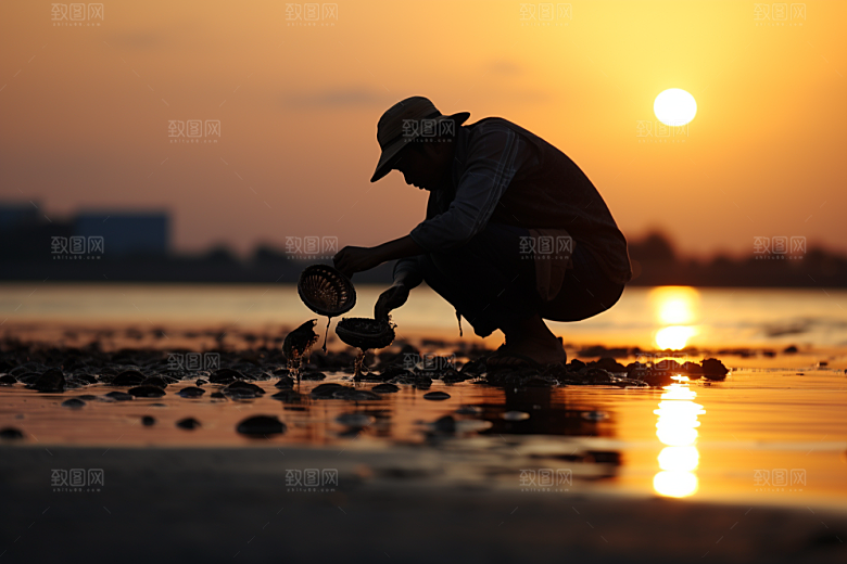 海边赶海潮汐黎明摄影图