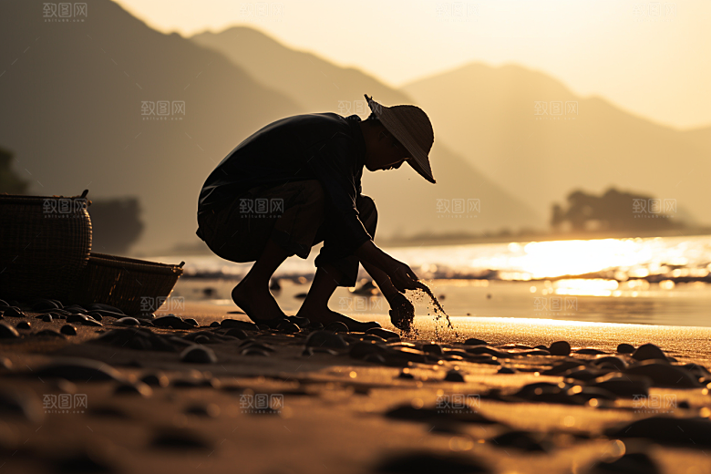 海边赶海夕阳海滩摄影图