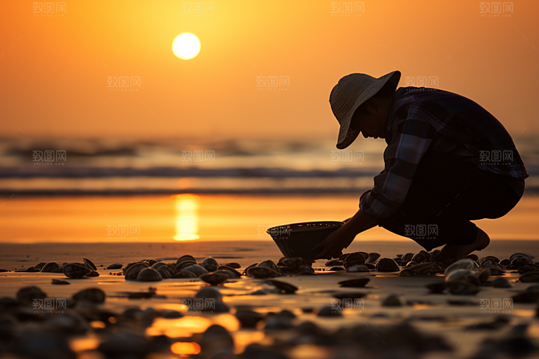 海边赶海高清夕阳摄影图