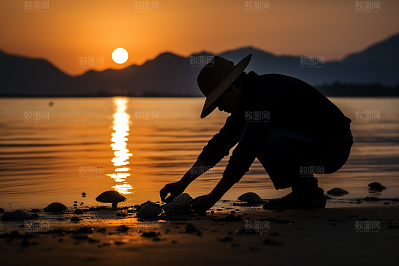 海边赶海捕捞夕阳摄影图