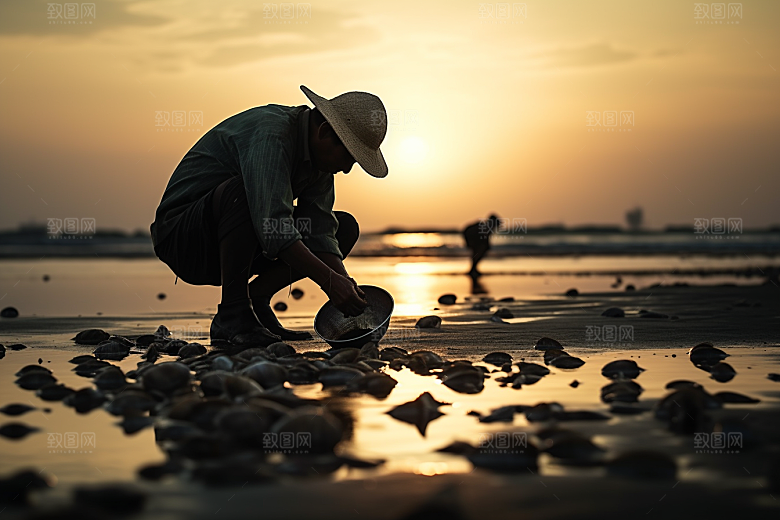 海边赶海渔获余晖摄影图
