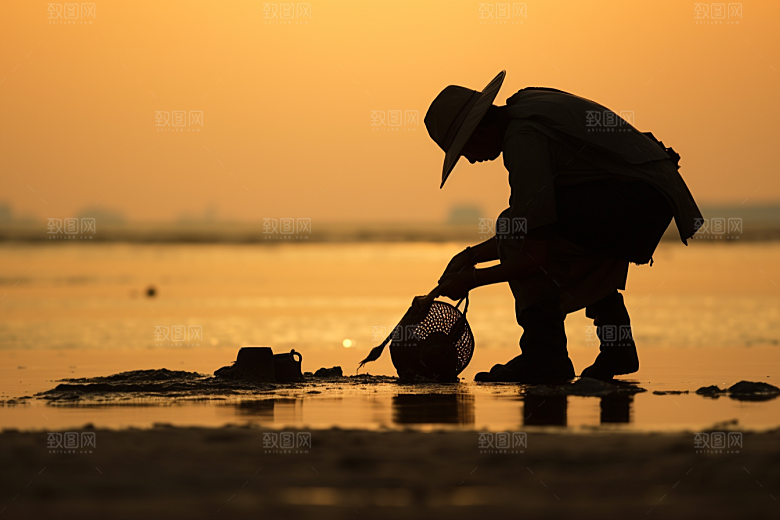 海边赶海清晨滩涂摄影图