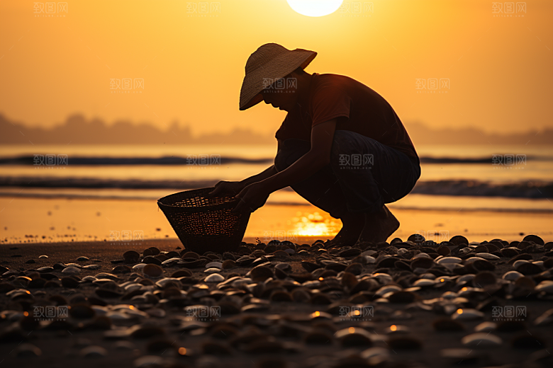 海边赶海清晨捕捞摄影图