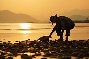 海边赶海滩涂落日摄影图