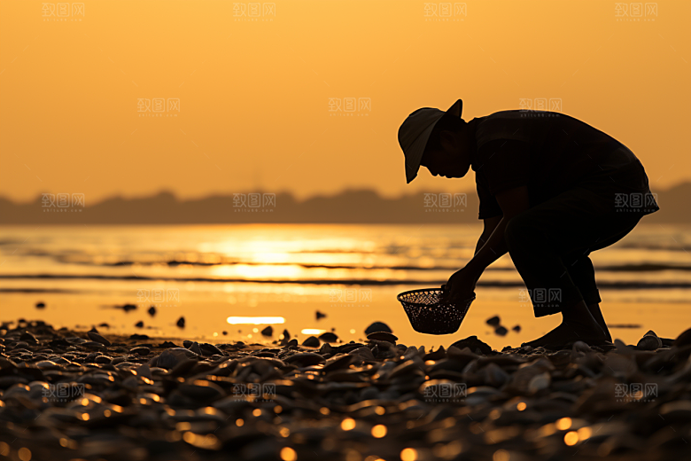 海边赶海落日余晖摄影图
