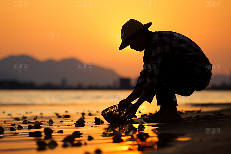 海边赶海礁石渔获摄影图