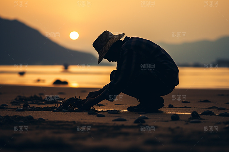 海边赶海夕阳渔获摄影图