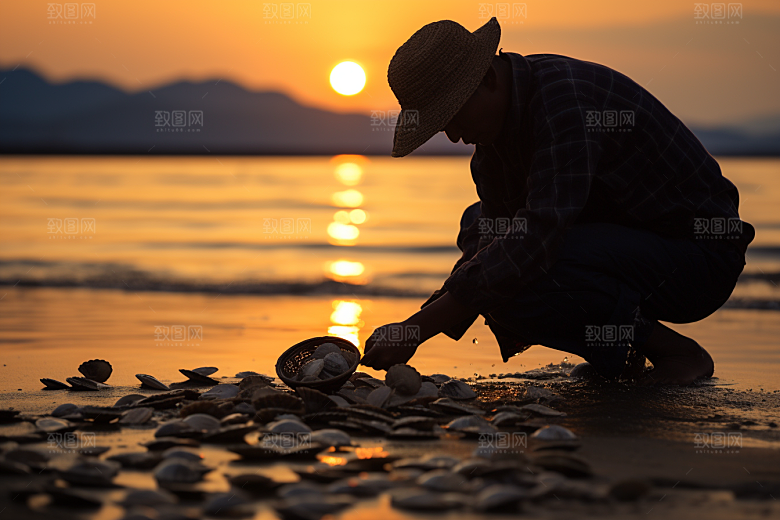 海边赶海黎明海货摄影图