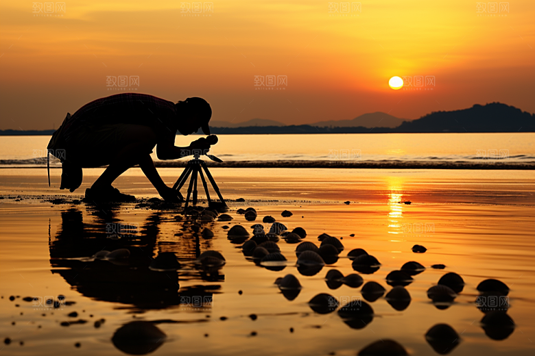 海边赶海潮汐清晨摄影图