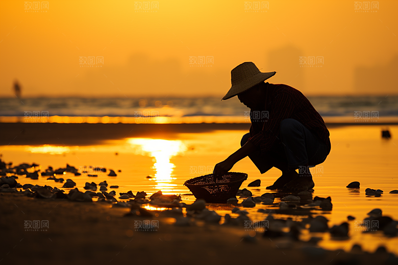 海边赶海夕阳礁石摄影图