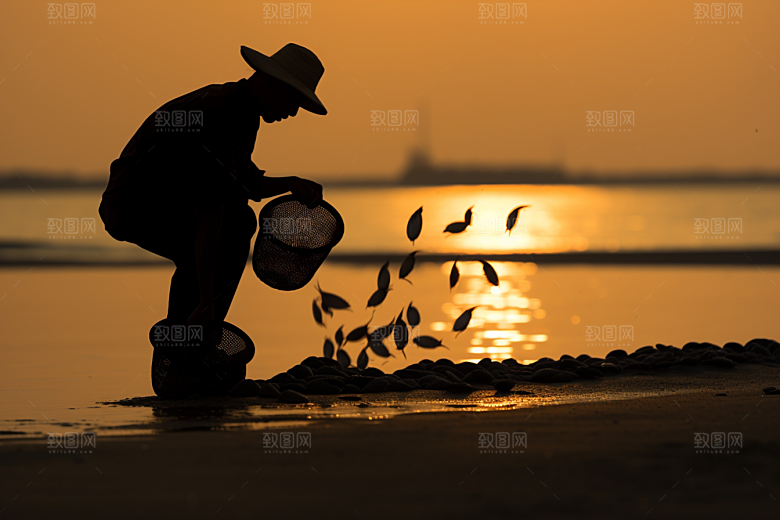 海边赶海清晨余晖摄影图