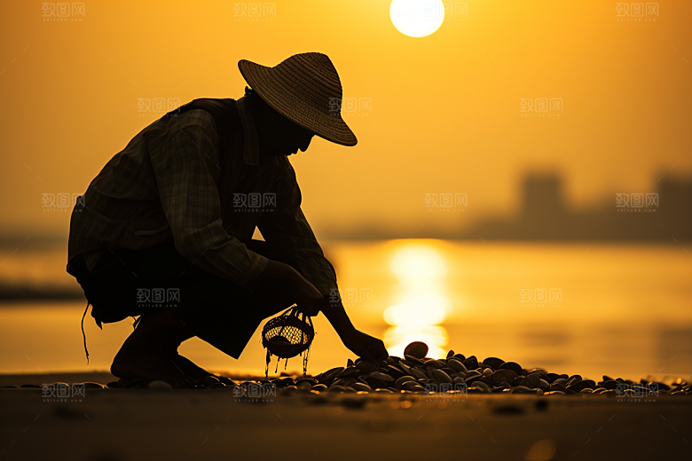海边赶海夕阳落潮摄影图