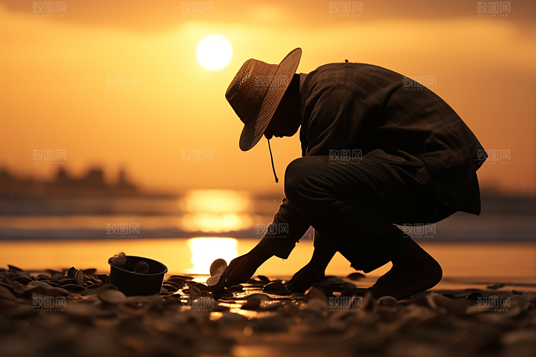 海边赶海海滩黎明摄影图
