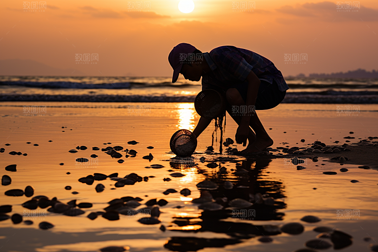 海边赶海余晖落日摄影图