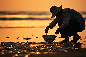 海边赶海高清余晖摄影图
