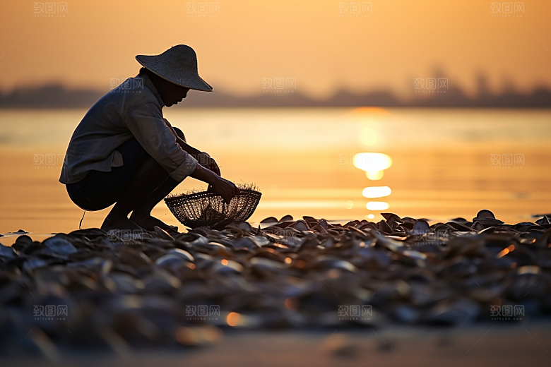 海边赶海清晨礁石摄影图