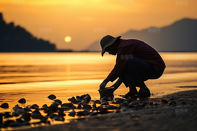 海边赶海落日落潮摄影图