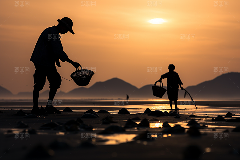 海边赶海潮汐清晨摄影图
