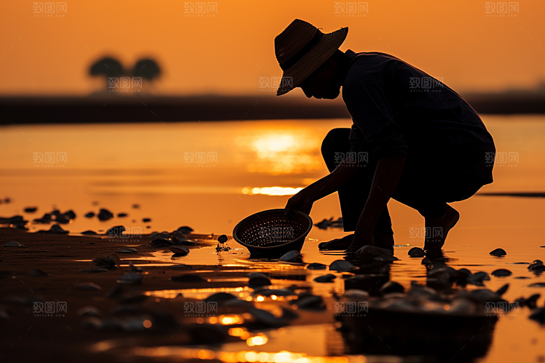 海边赶海余晖海货摄影图