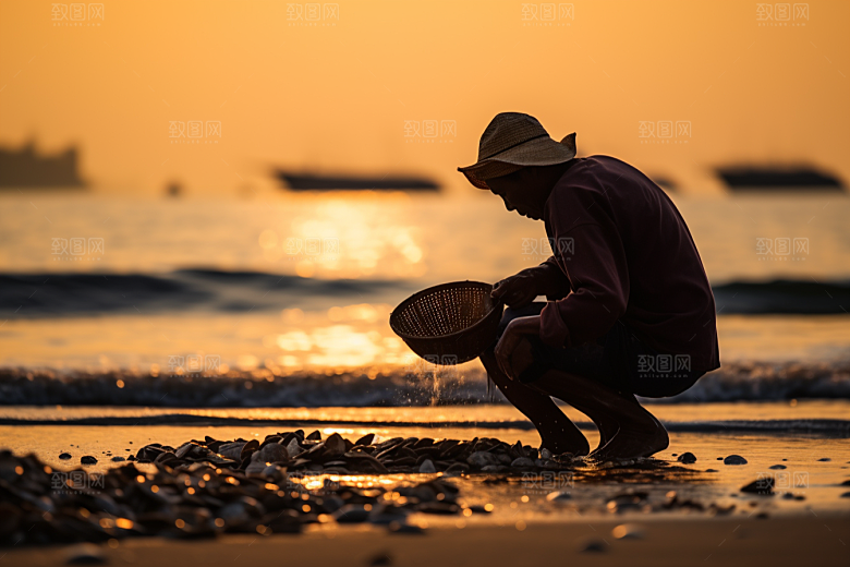 海边赶海黎明夕阳摄影图