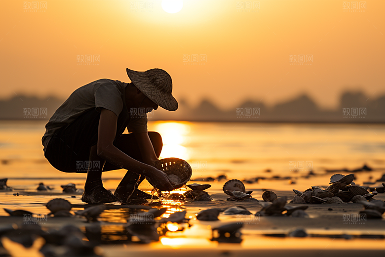 海边赶海落日滩涂摄影图