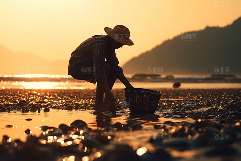 海边赶海清晨黎明摄影图