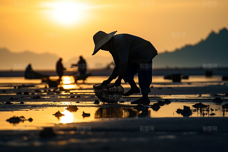 海边赶海清晨海滩摄影图