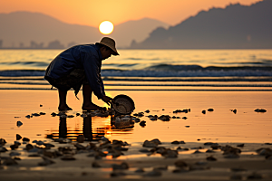 海边赶海渔获夕阳摄影图