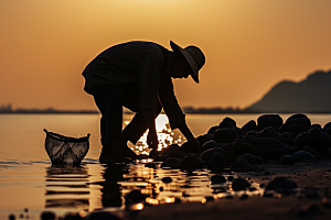 海边赶海夕阳渔获摄影图