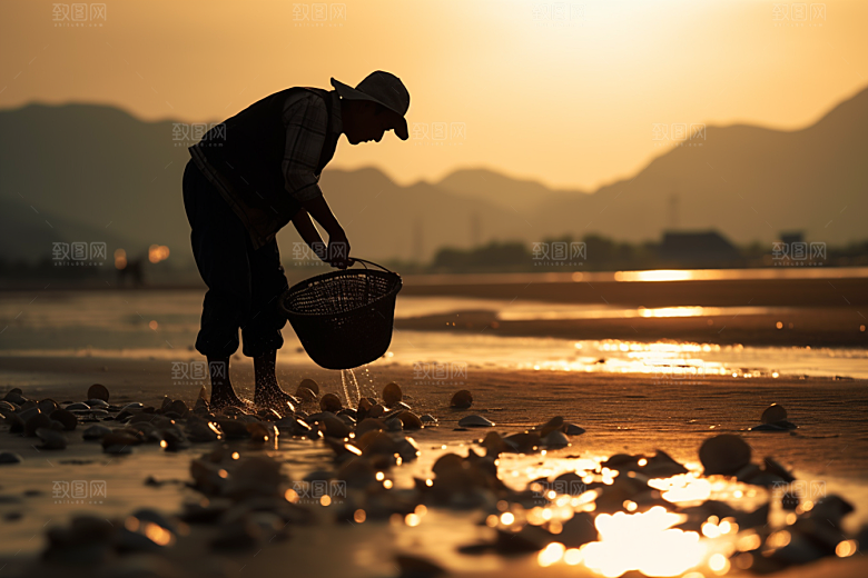 海边赶海黎明渔获摄影图