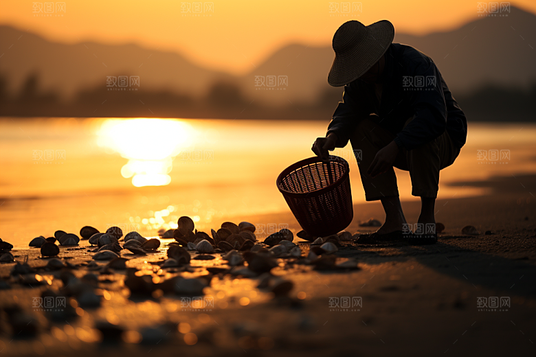 海边赶海礁石清晨摄影图