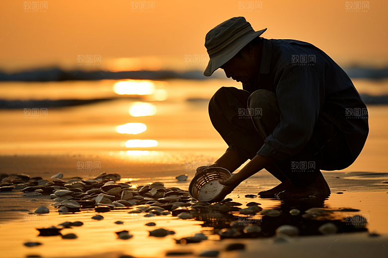 海边赶海潮汐夕阳摄影图