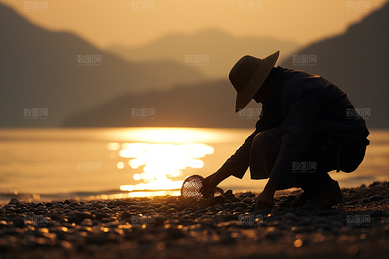 海边赶海夕阳落日摄影图