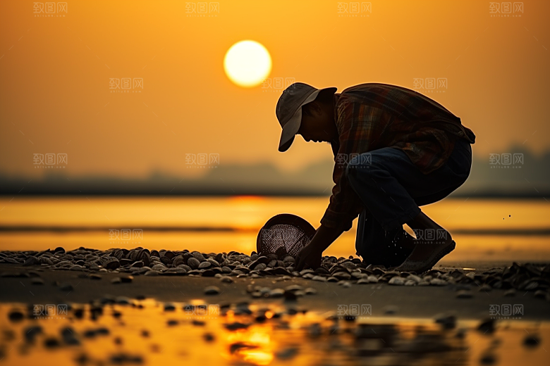 海边赶海海货清晨摄影图