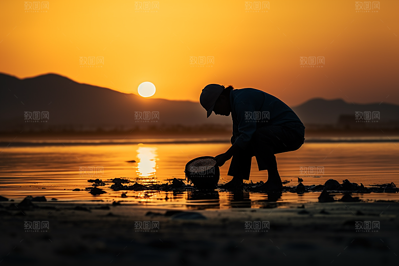 海边赶海清晨潮汐摄影图