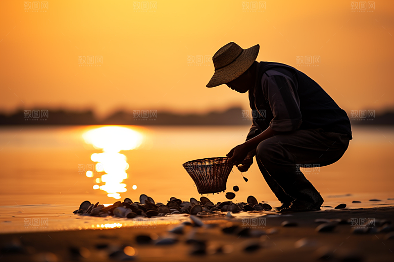 海边赶海渔获余晖摄影图