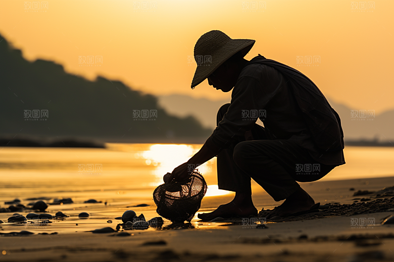 海边赶海落潮夕阳摄影图