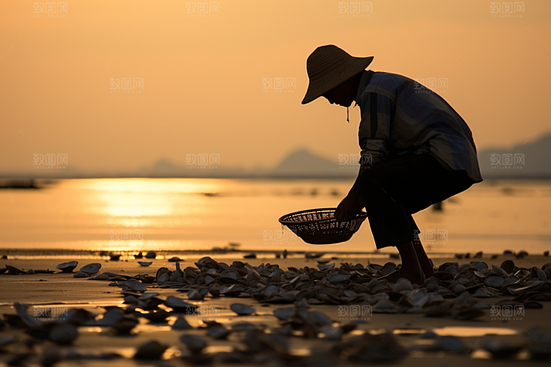 海边赶海捕捞黎明摄影图