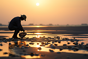 海边赶海余晖潮汐摄影图
