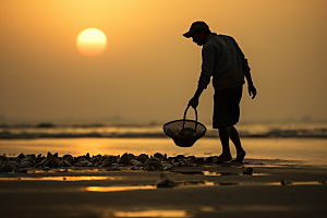 海边赶海余晖滩涂摄影图