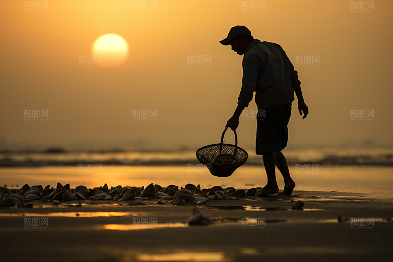 海边赶海余晖滩涂摄影图