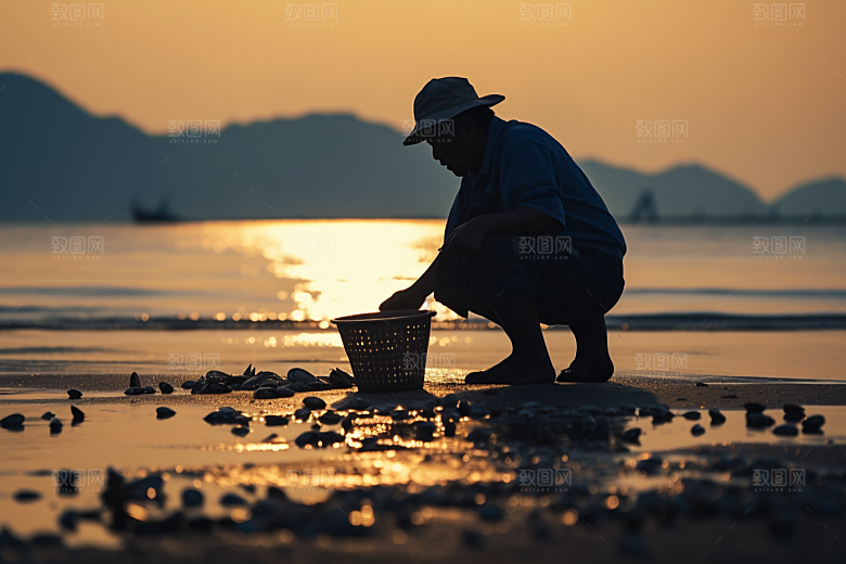 海边赶海落日海货摄影图