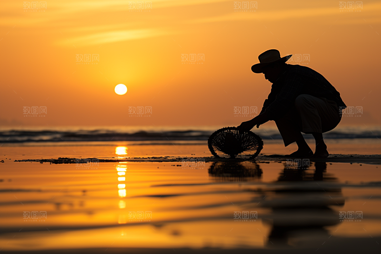 海边赶海海货夕阳摄影图