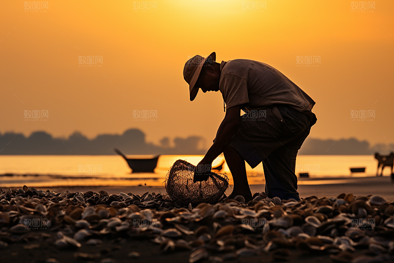 海边赶海捕捞夕阳摄影图