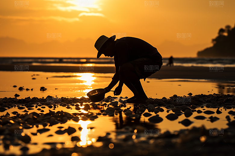 海边赶海夕阳礁石摄影图