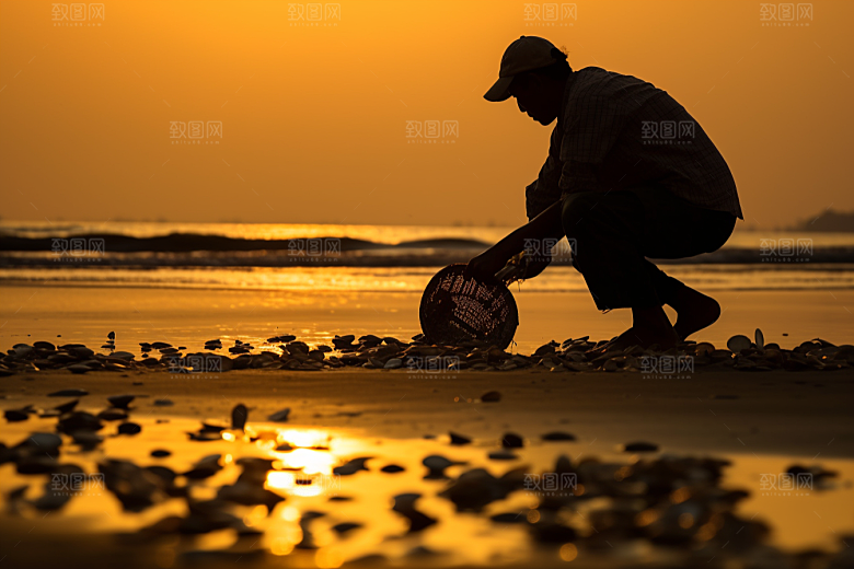 海边赶海渔获海滩摄影图