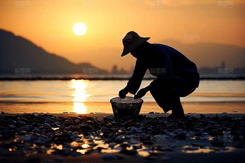 海边赶海捕捞滩涂摄影图