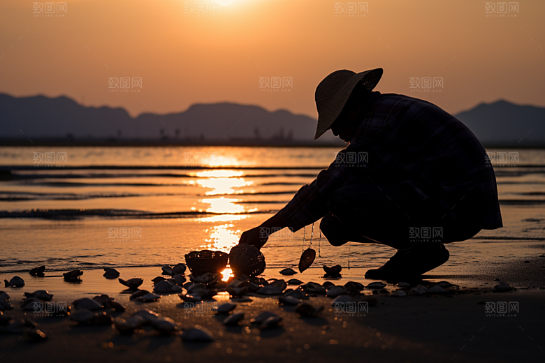 海边赶海落日滩涂摄影图