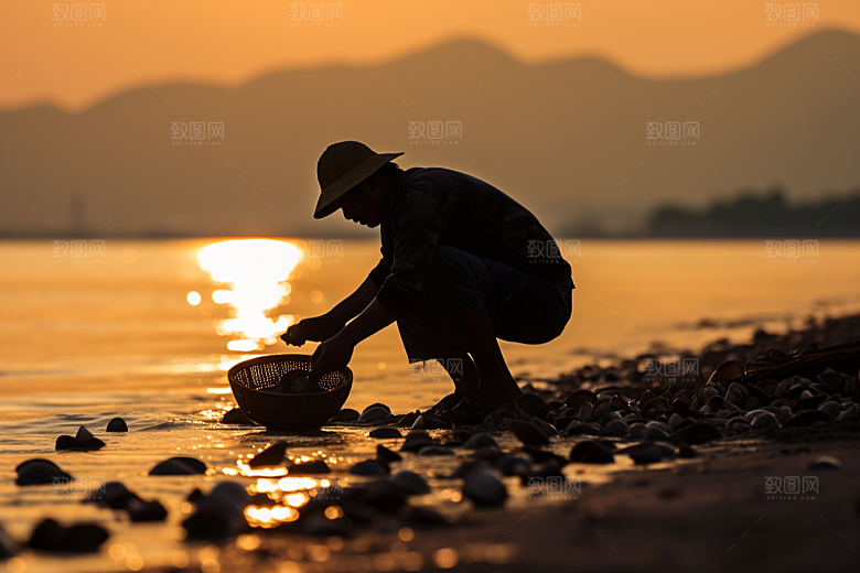 海边赶海余晖礁石摄影图