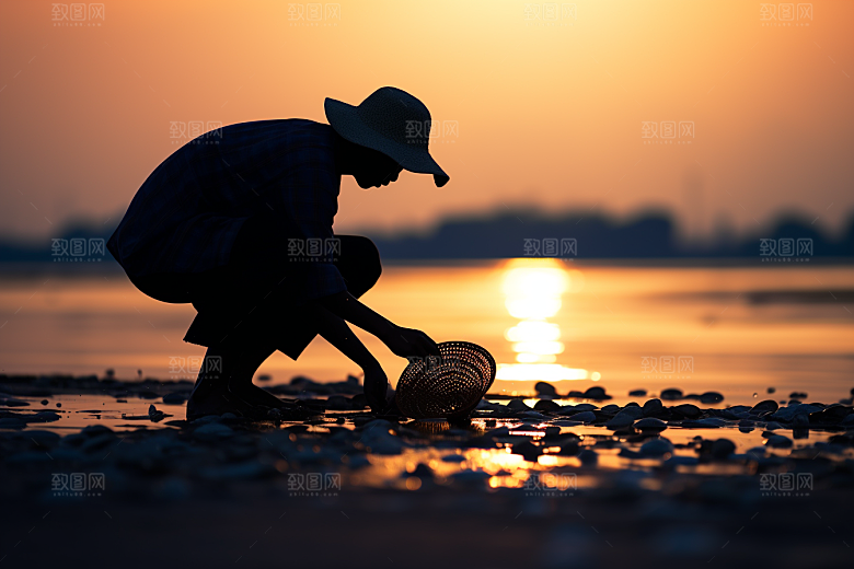 海边赶海渔获落潮摄影图